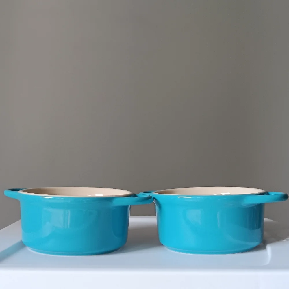 Pair of Ceramic Bowls with Lids & Handles Aqua Blue White 4.5